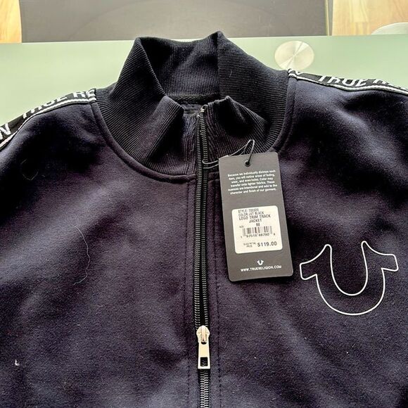 True Religion MWT hoodie jet black medium logo trim track jacket - Picture 1 of 6